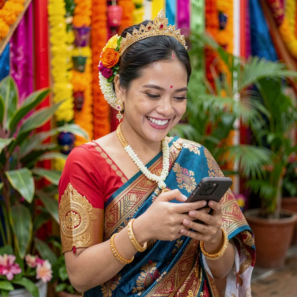 Smiling Filipino woman in a traditional sari enjoying the JILIK casino app on her smartphone with vibrant festival lights behind her