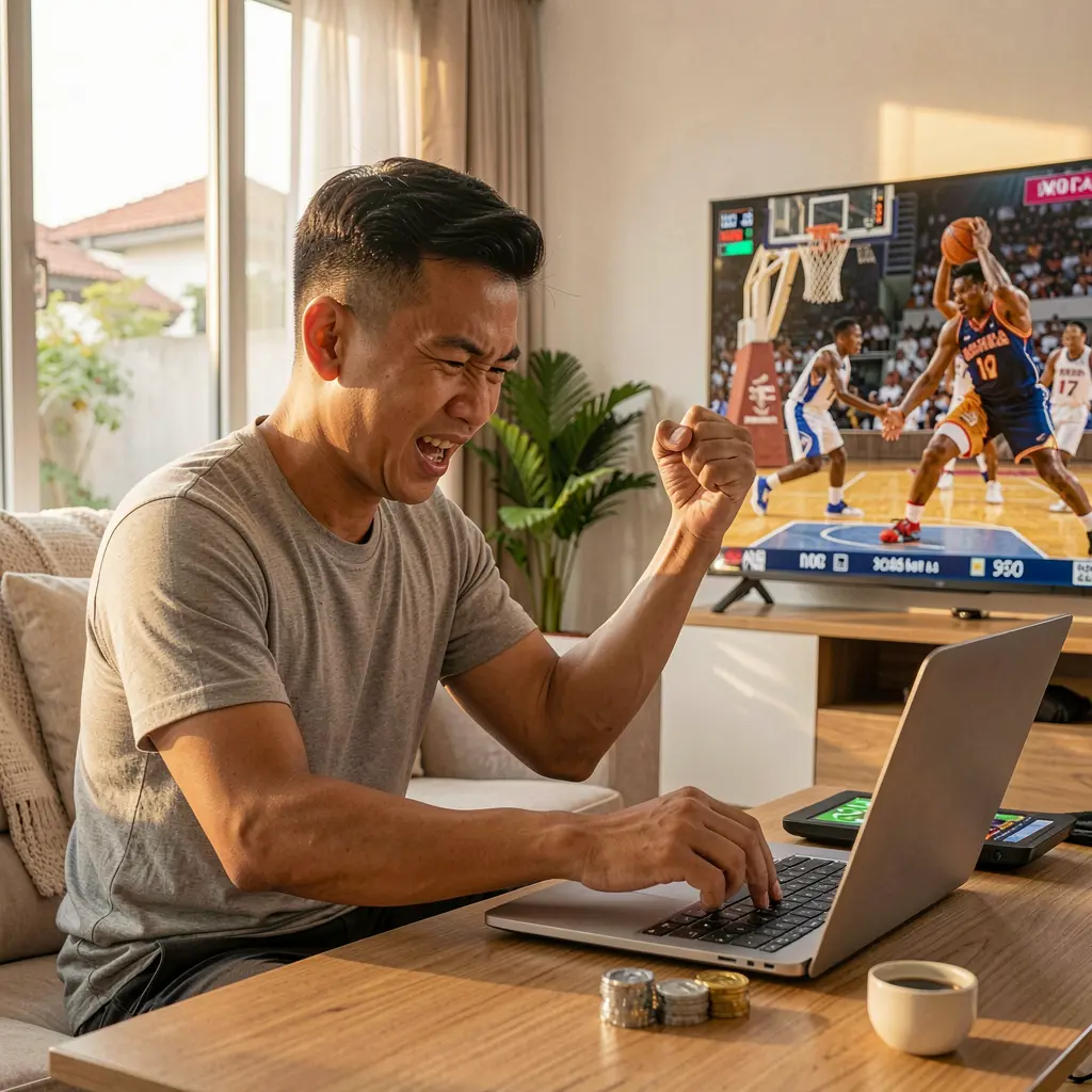 Excited Filipino sports bettor celebrating a winning moment while placing live basketball bets on a laptop with JILIJK at home