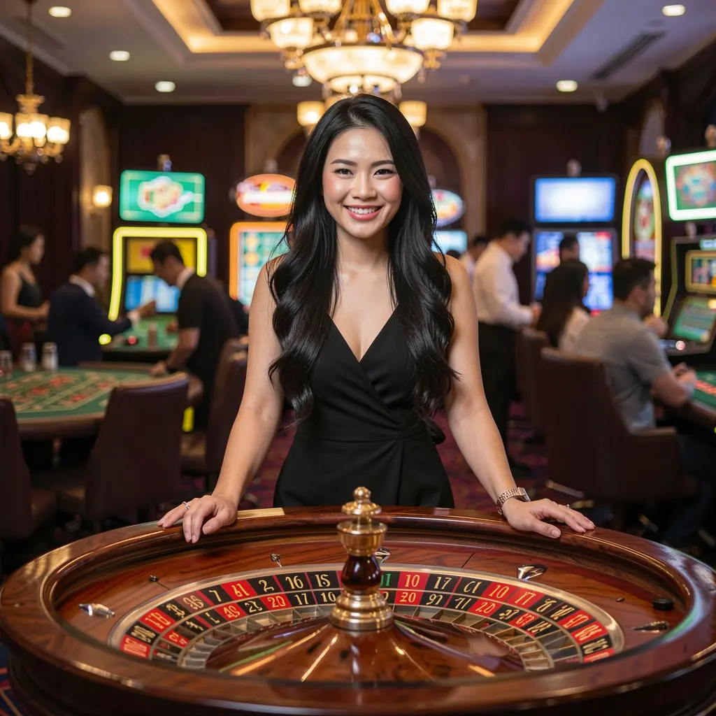 Elegant Filipino casino hostess smiling behind a roulette table with vibrant lights representing the immersive live casino experience at JILIJK in the Philippines
