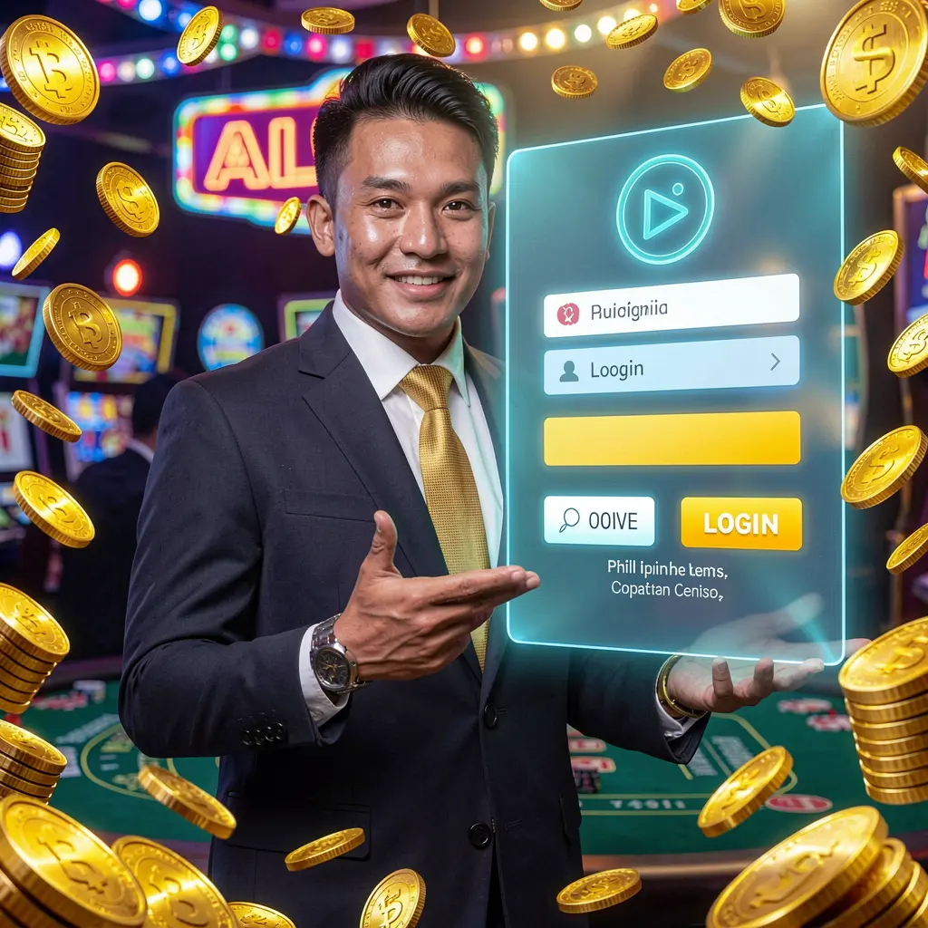 Stylish Filipino casino presenter surrounded by golden coins and holographic lights guiding users to log in on JILIJK in the Philippines